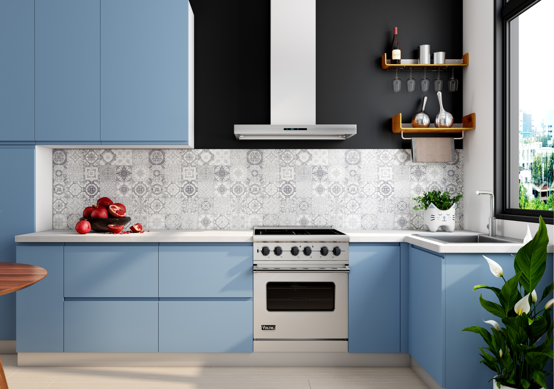 Modern kitchen with light blue cabinets, white countertops, patterned backsplash, stainless steel range, and a black accent wall.