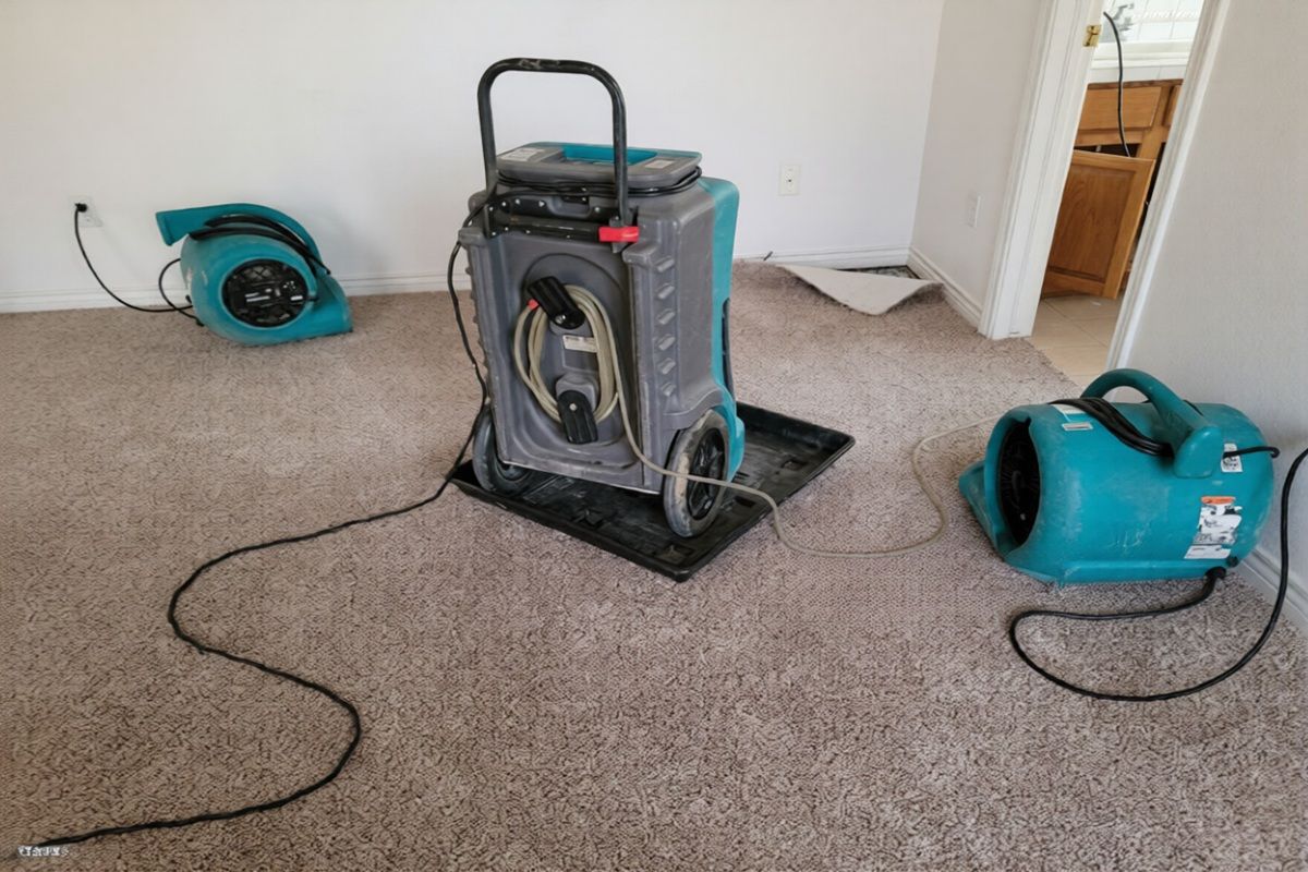 Dehumidification equipment on a carpeted floor in a room with white walls, likely for water damage remediation.
