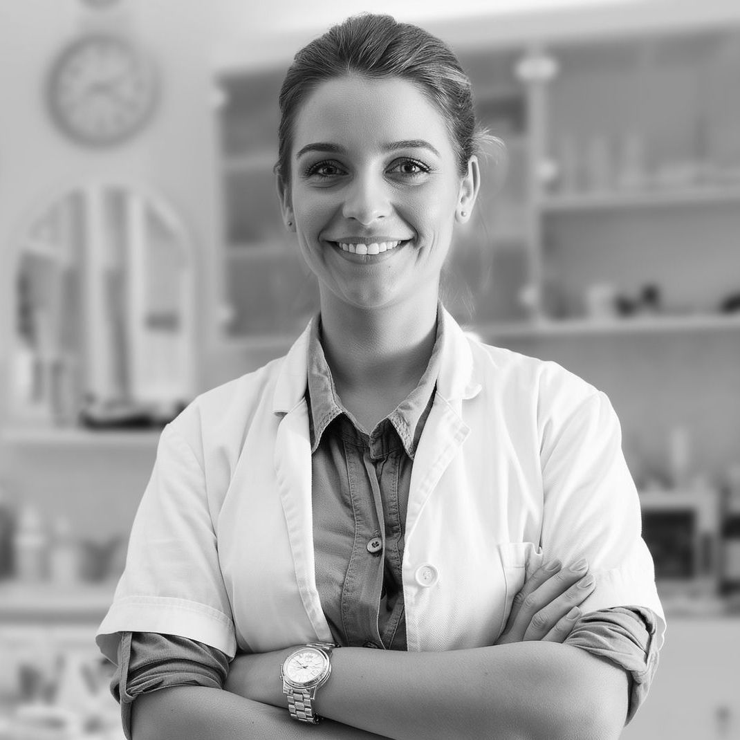 A woman in a lab coat is smiling with her arms crossed in a black and white photo.