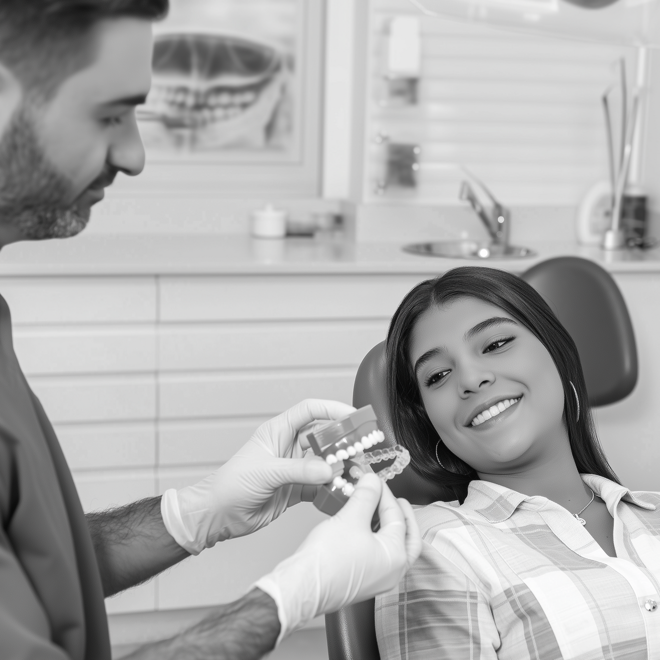 A woman is sitting in a dental chair while a dentist holds a model of her teeth.