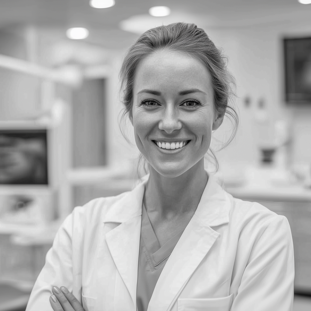 Smiling woman in a white lab coat with arms crossed; likely a dentist or healthcare professional in a dental office setting.