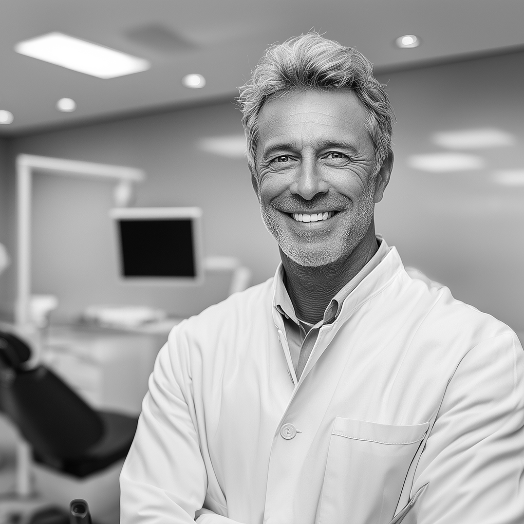 Smiling person in a lab coat, arms crossed, in a dentist's office with equipment visible in the background.