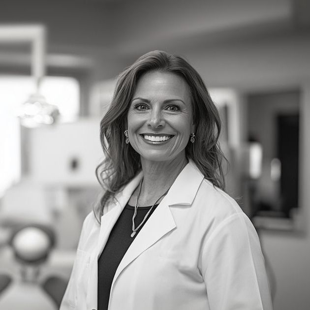 A woman in a lab coat is smiling in a black and white photo.