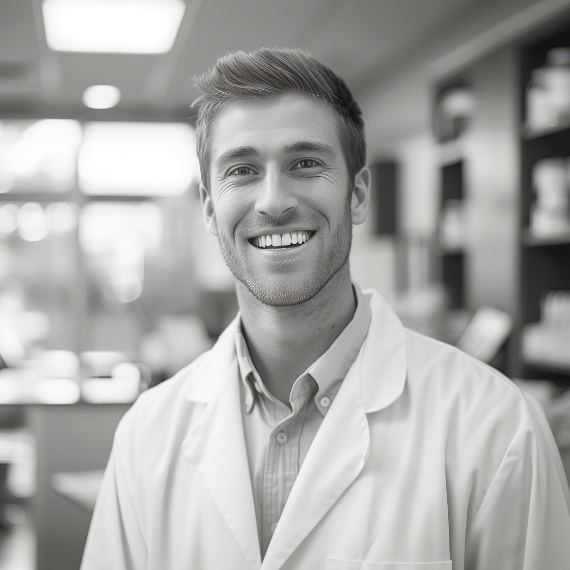 A man in a lab coat is smiling in a black and white photo.