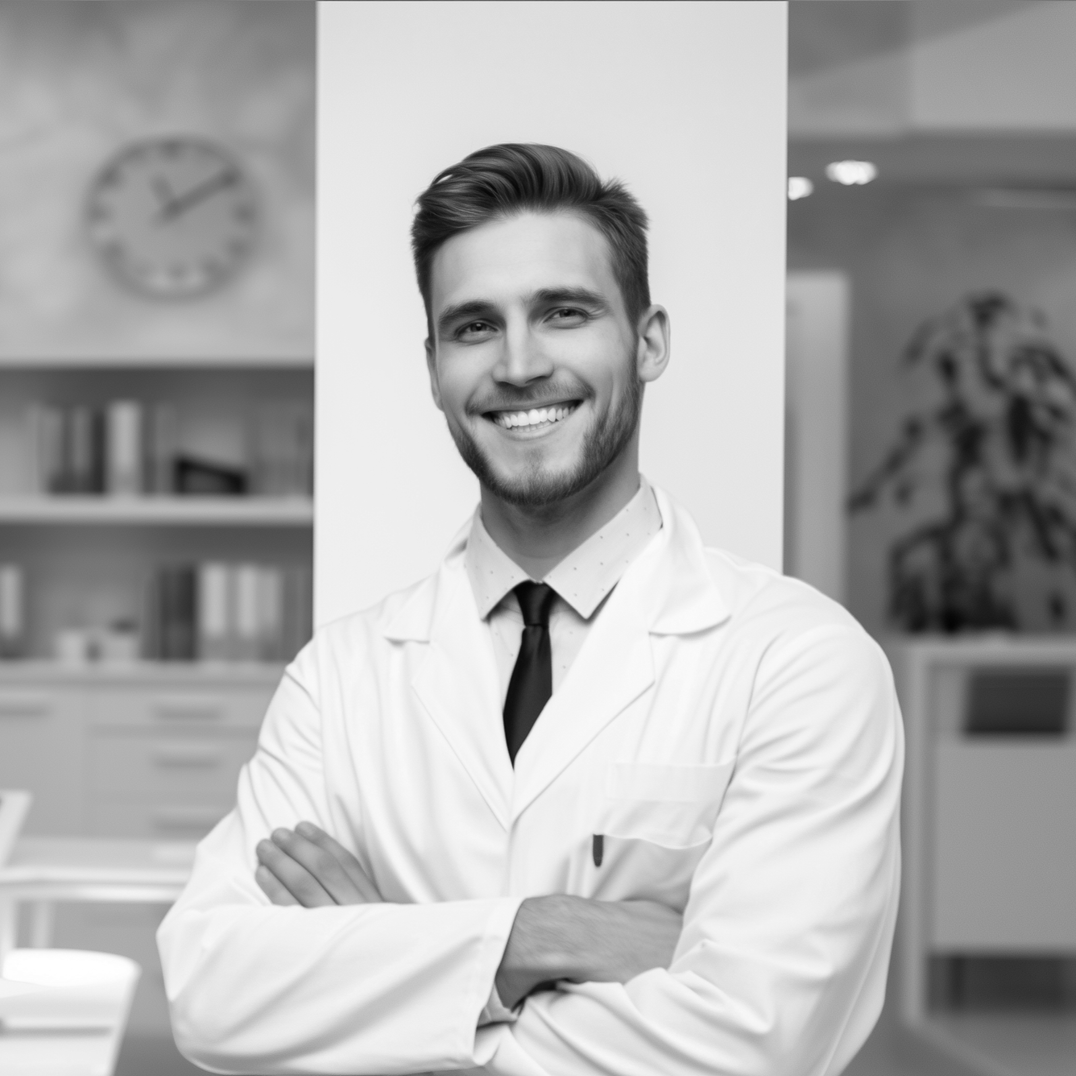 A black and white photo of a smiling doctor with his arms crossed