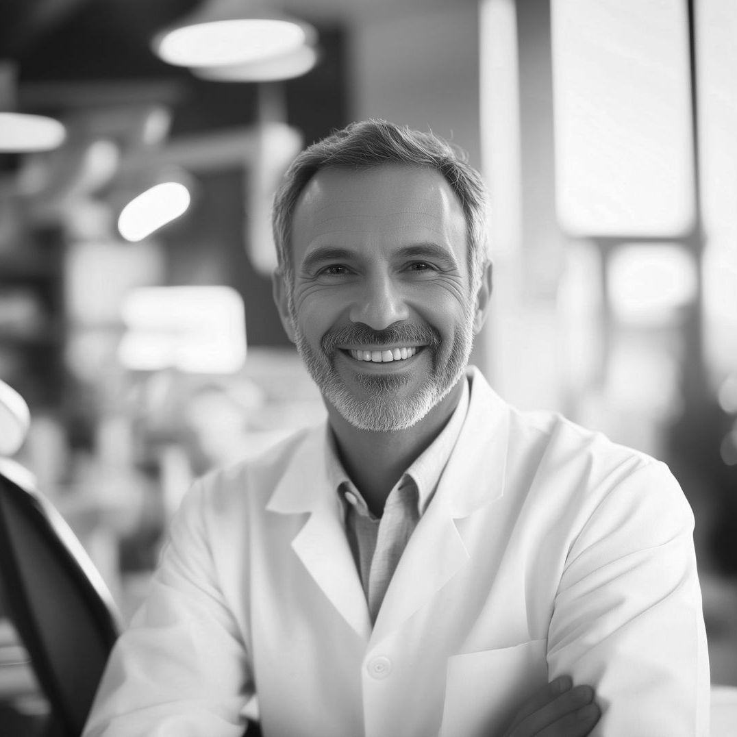 A man in a lab coat is smiling in a black and white photo.