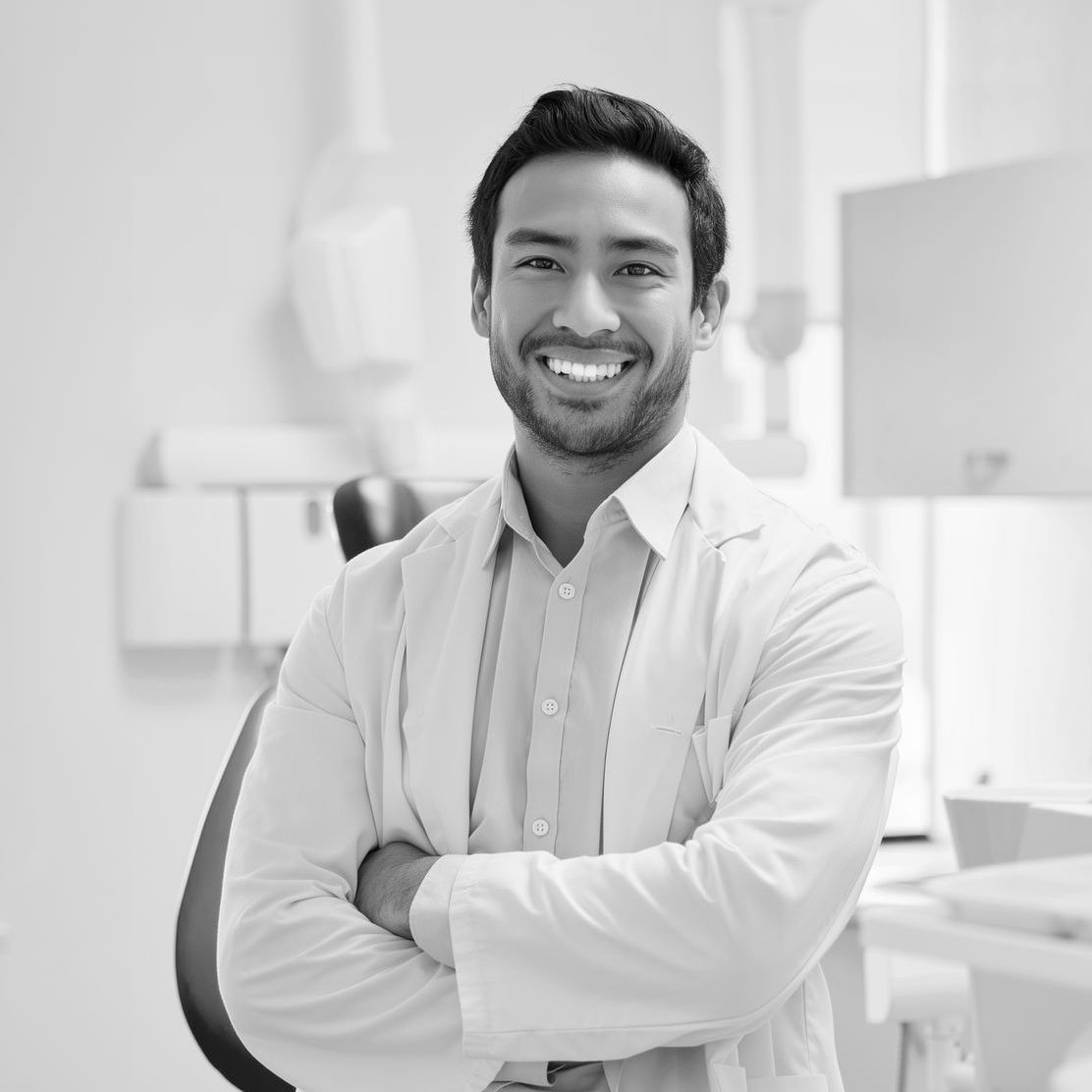 A man in a lab coat is smiling in a black and white photo.