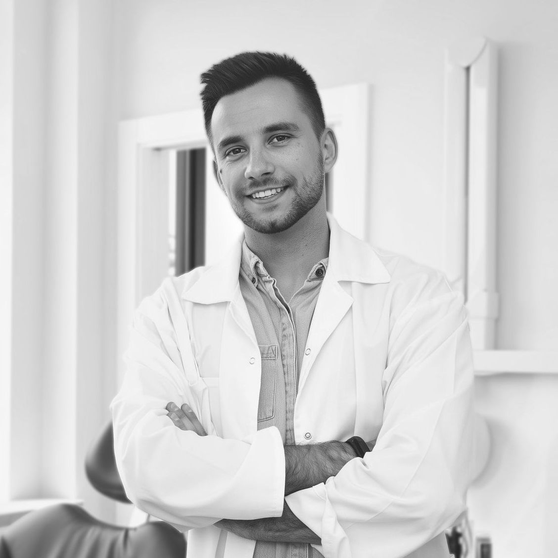 A black and white photo of a man in a lab coat with his arms crossed.