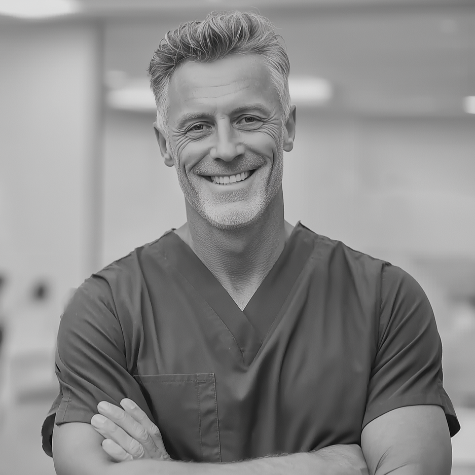 Smiling man with gray hair, in scrubs, arms crossed, blurred medical setting.
