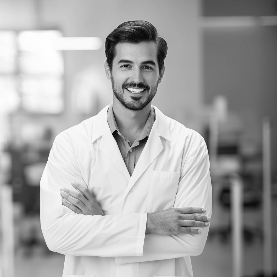 Man in lab coat smiles with arms crossed. Inside a blurry lab or pharmacy.