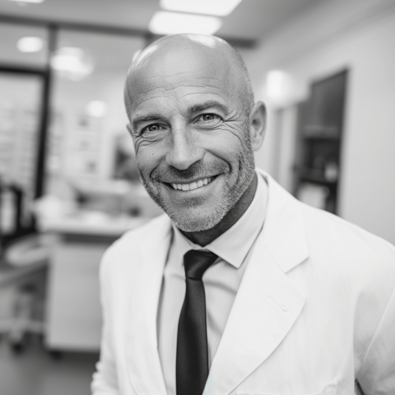 Smiling medical professional in a lab coat and tie, standing in a clinic office.
