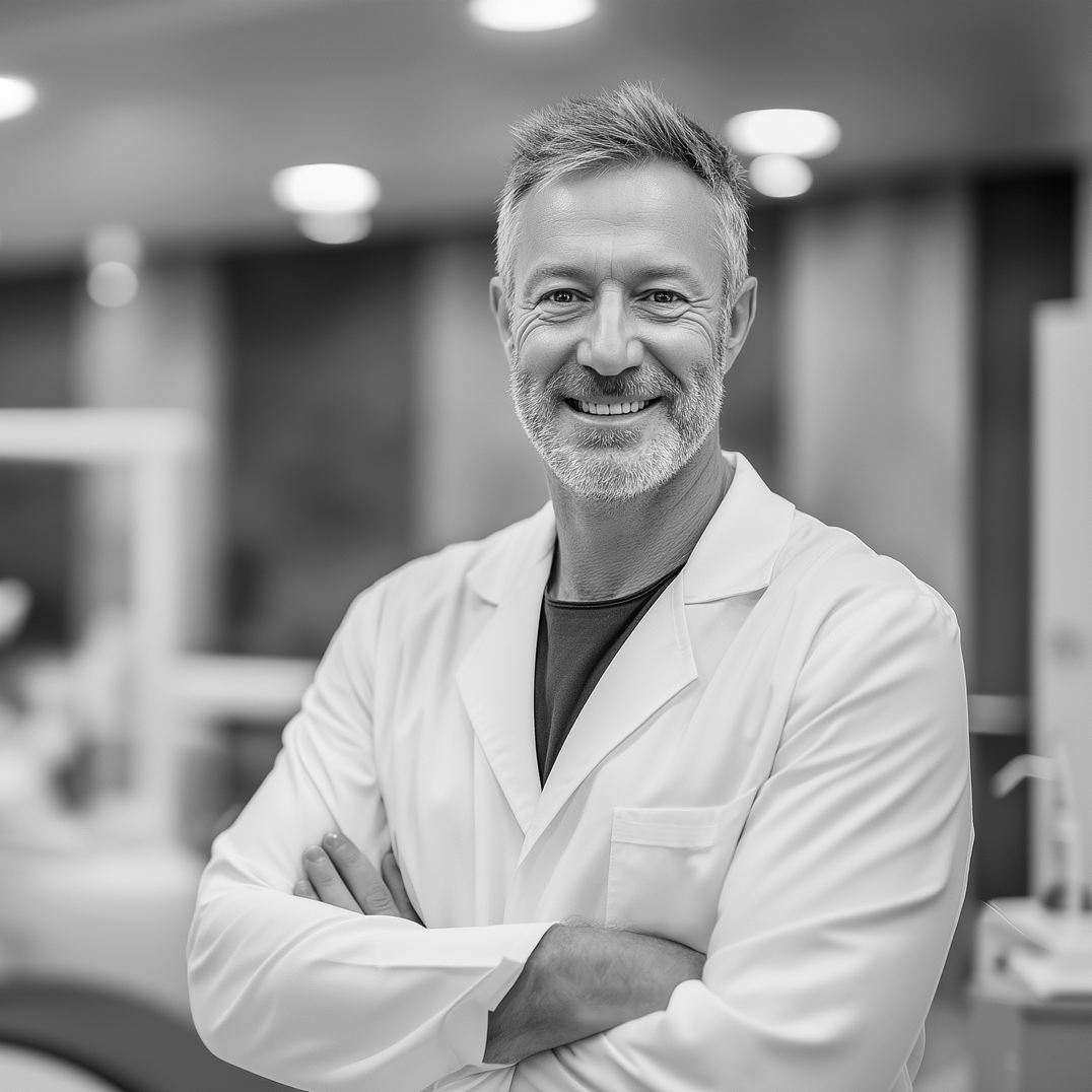 Man in a lab coat with arms crossed, smiling in a dental office.