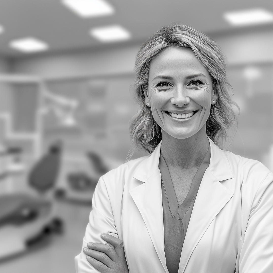 Smiling doctor with arms crossed in dental office.