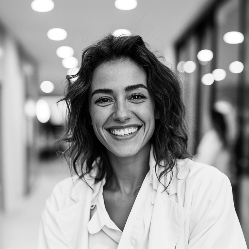 Smiling person in a white coat standing in a bright hallway, with blurred lights in the background
