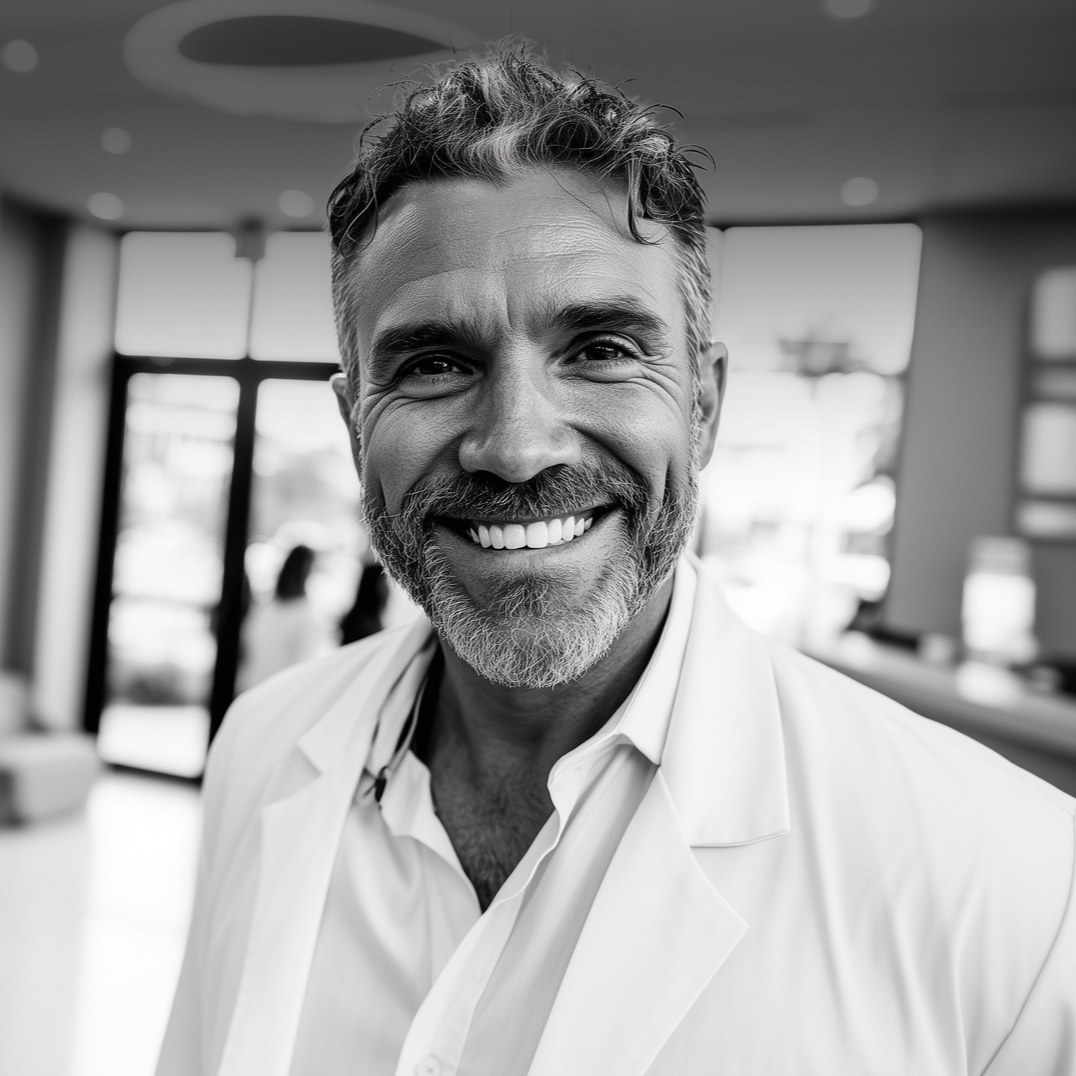 Smiling man in a white coat standing in a bright office or clinic.