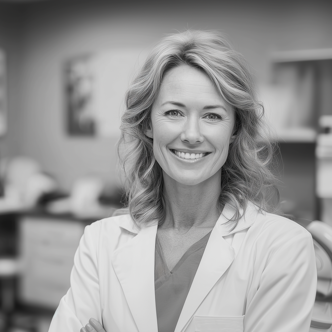 Woman in white lab coat smiles with crossed arms in office setting.