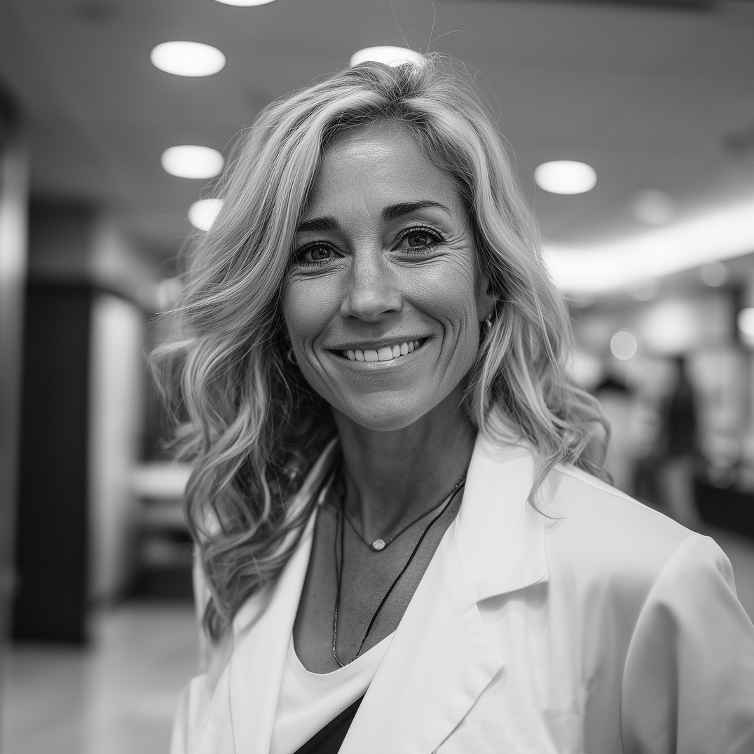 Smiling woman in a white coat standing in a softly lit indoor setting