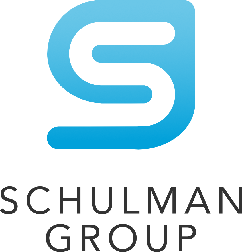 the blue and white schulman group logo is  on a white background