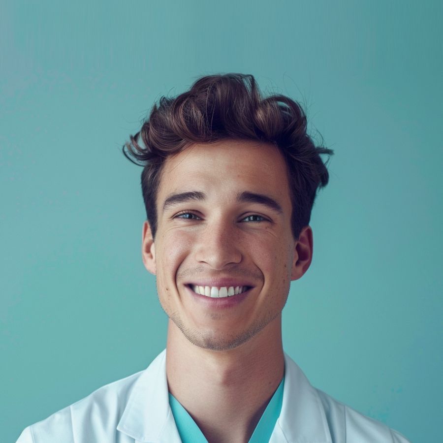 A young man in a lab coat and surgical gown is smiling.