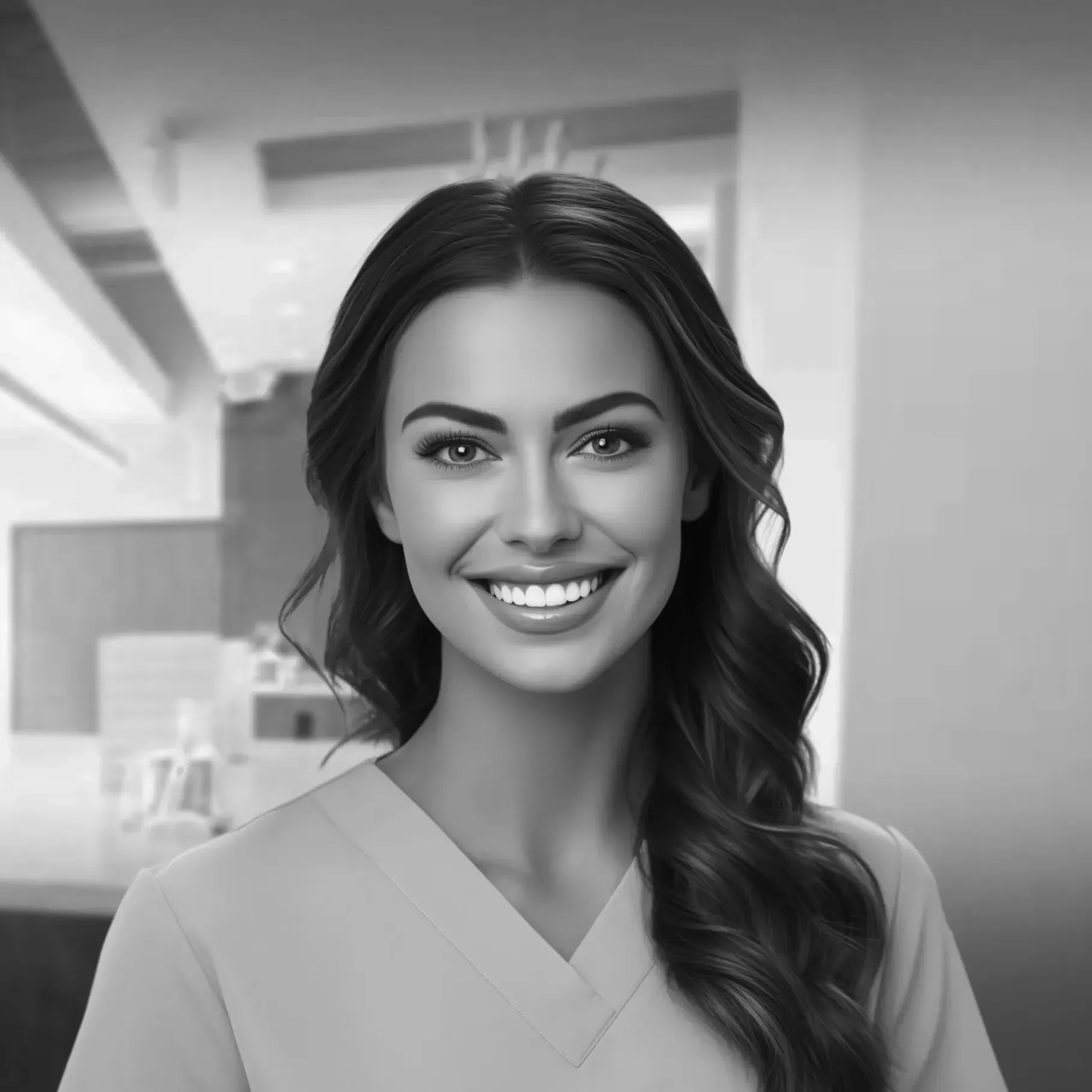 a woman in a scrub top is smiling in a black and white photo .