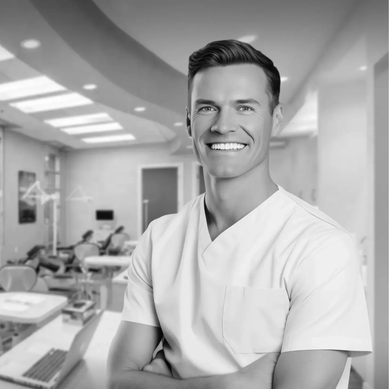 a black and white photo of a smiling orthodontist in an orthodontic office .