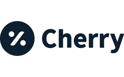 Cherry logo: Dark blue circle with a percent sign, beside the word