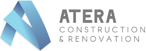 The logo for atera construction and renovation is blue and gray