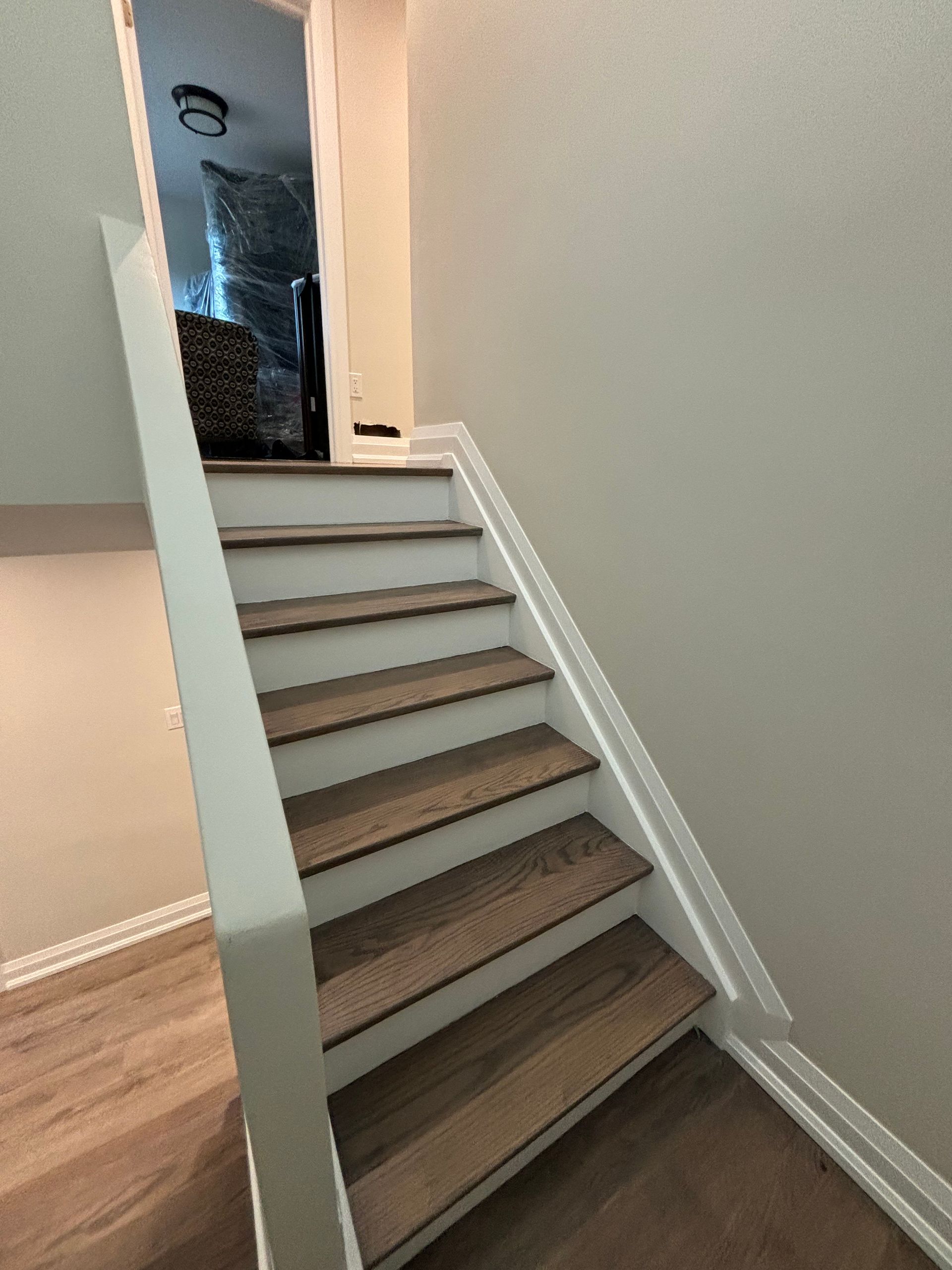 Staircase with wood-look steps and white trim, leading to a doorway.