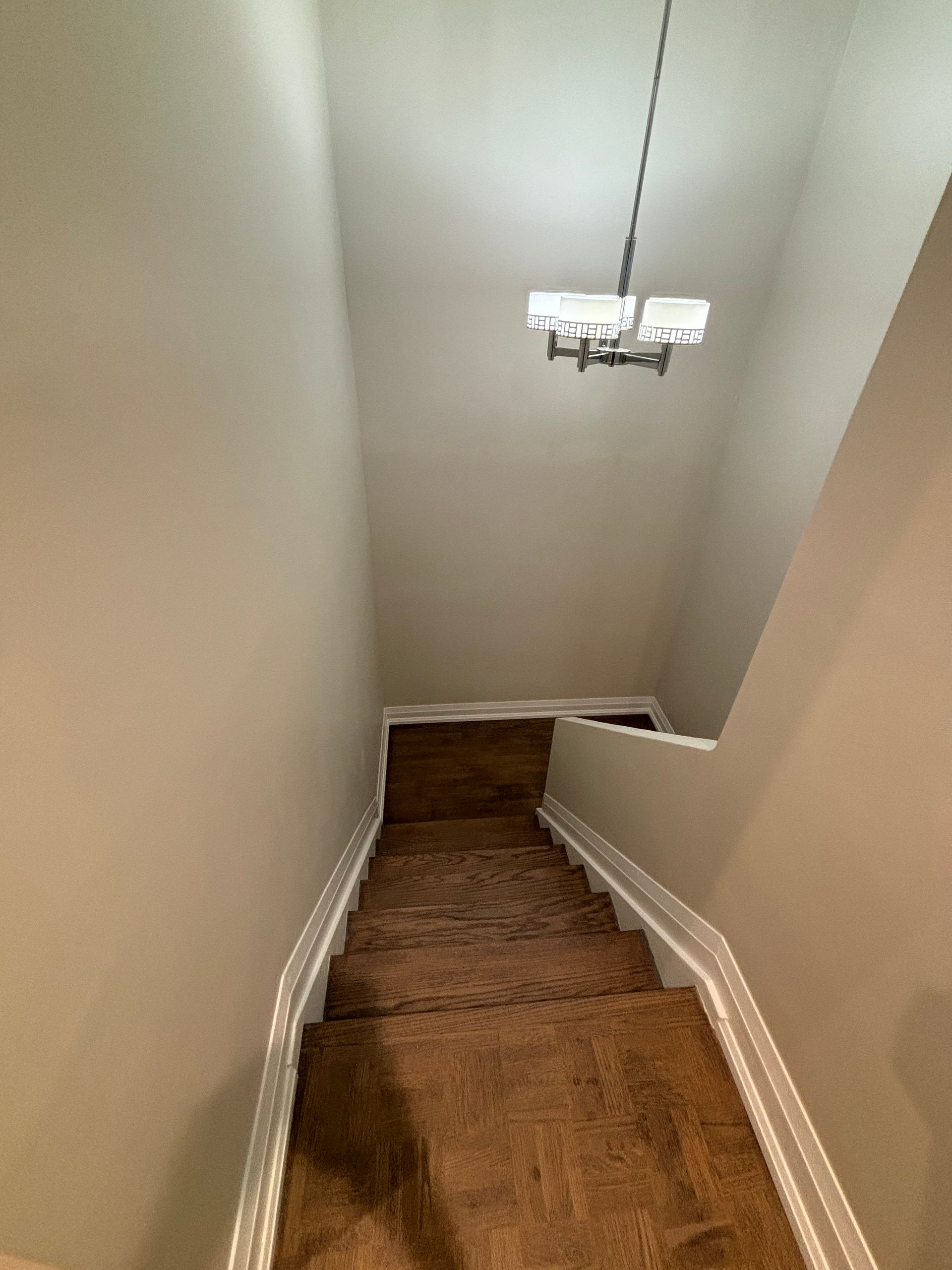 Staircase leading downwards; tan carpeted steps, white trim, beige walls, light fixture.