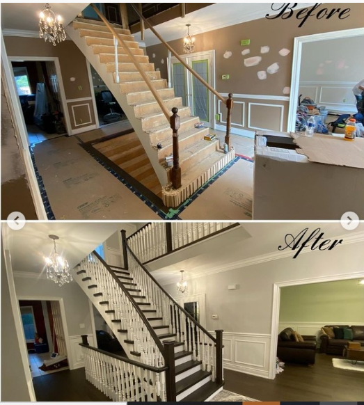 Before-and-after of a staircase renovation. The