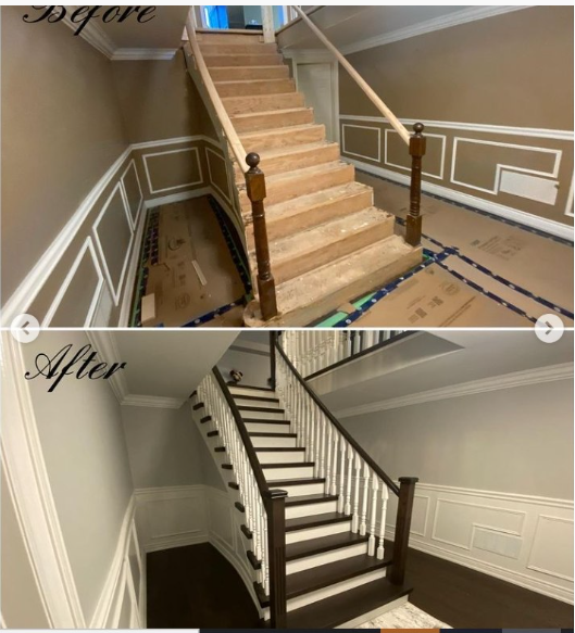 Staircase renovation before/after: beige walls to gray, wood railing to white, dark wood treads, paneling.