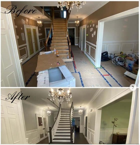 Before and after hallway remodel. Gray walls, white trim, wood staircase, chandelier.