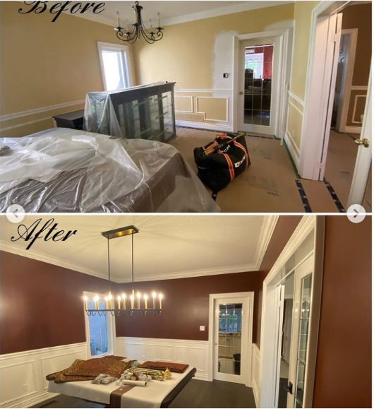 Before-and-after of a dining room remodel. Yellow walls transform to burgundy. New chandelier and white trim.