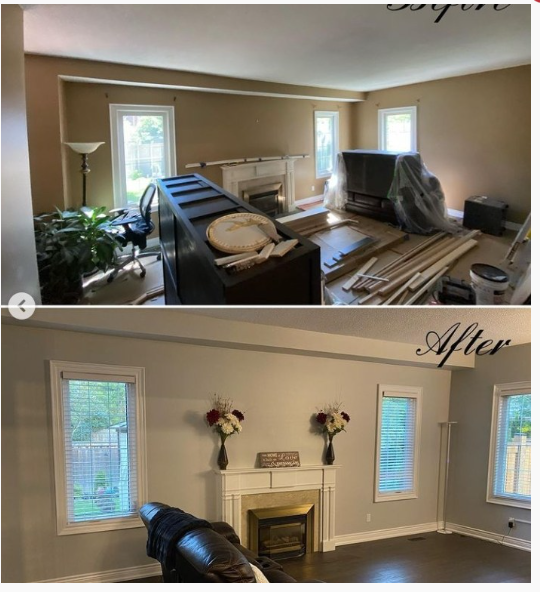 Living room renovation before and after. Beige walls transform to gray with a white fireplace and window trim.