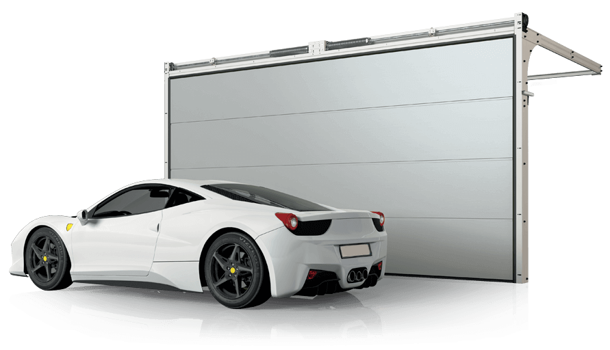 A white sports car is parked in front of a garage door.