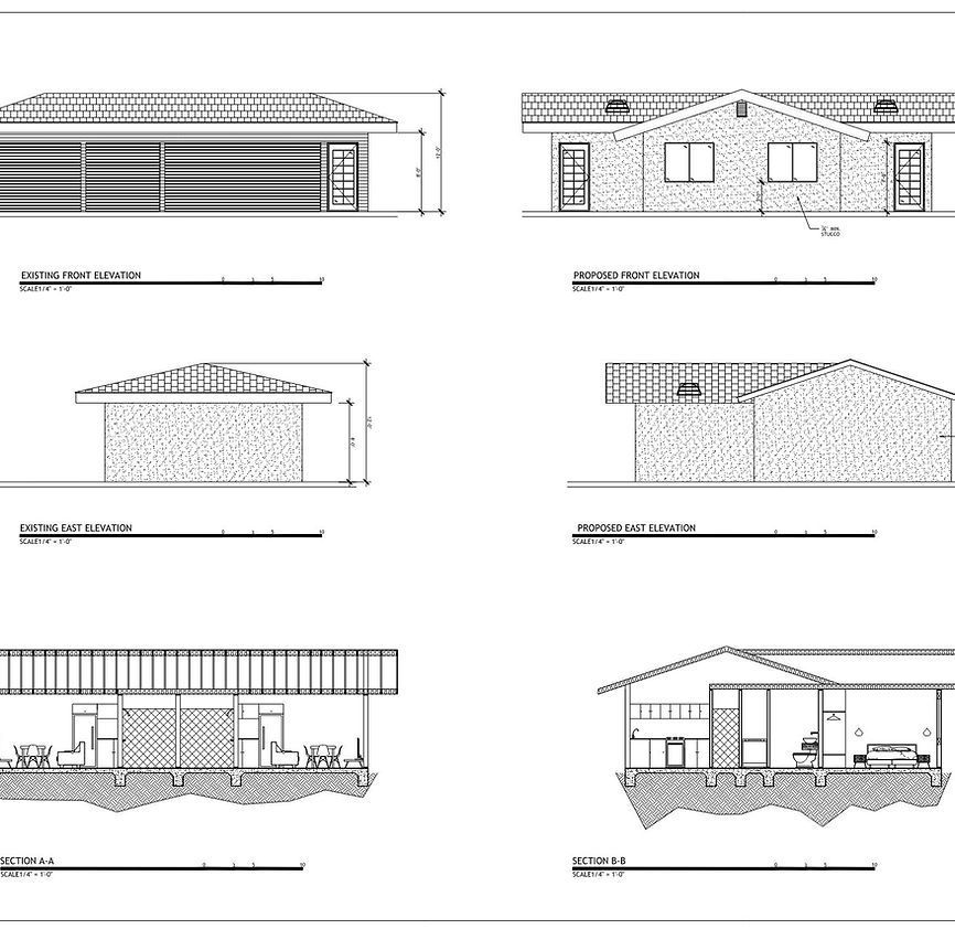 A set of black and white drawings of a house.