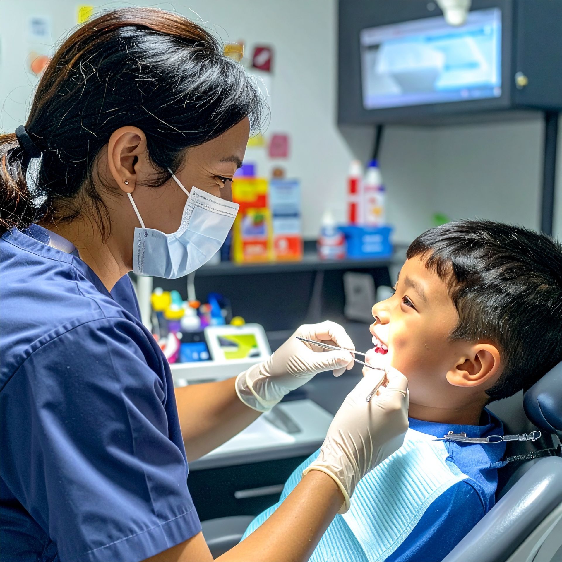 Dentist in blue scrubs examines a young boy's teeth in a dental chair; they both wear masks.