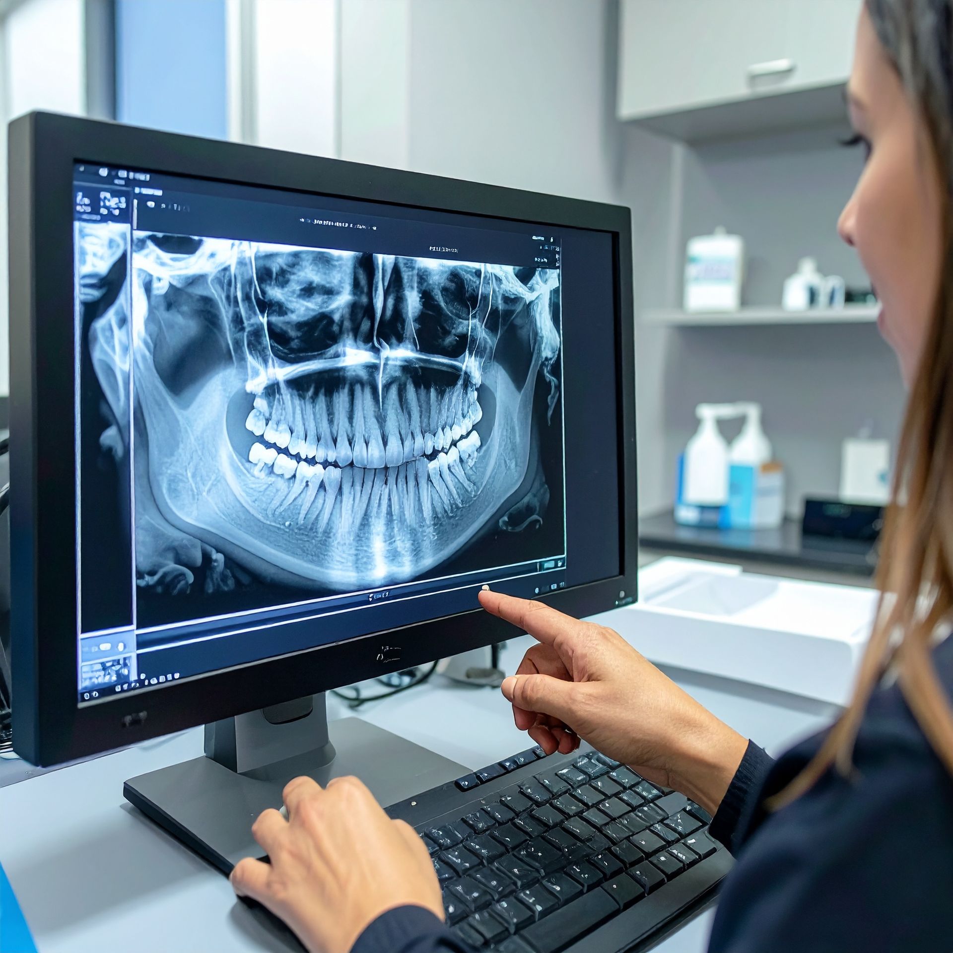 Woman points to dental X-ray on a computer screen in a dentist's office.