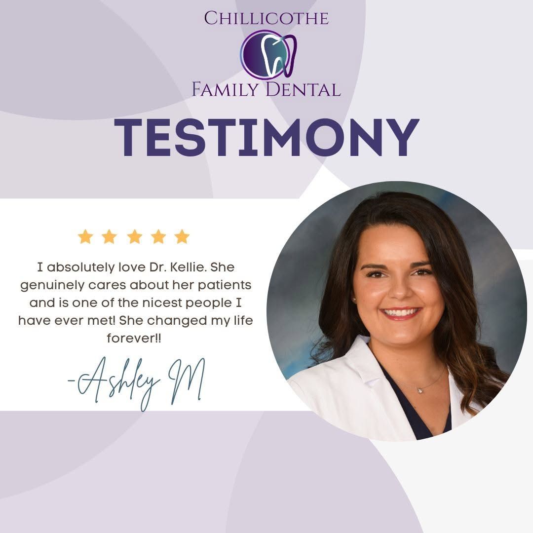 Testimonial for Chillicothe Family Dental. Ashley M. praises Dr. Kellie in a violet and white design.