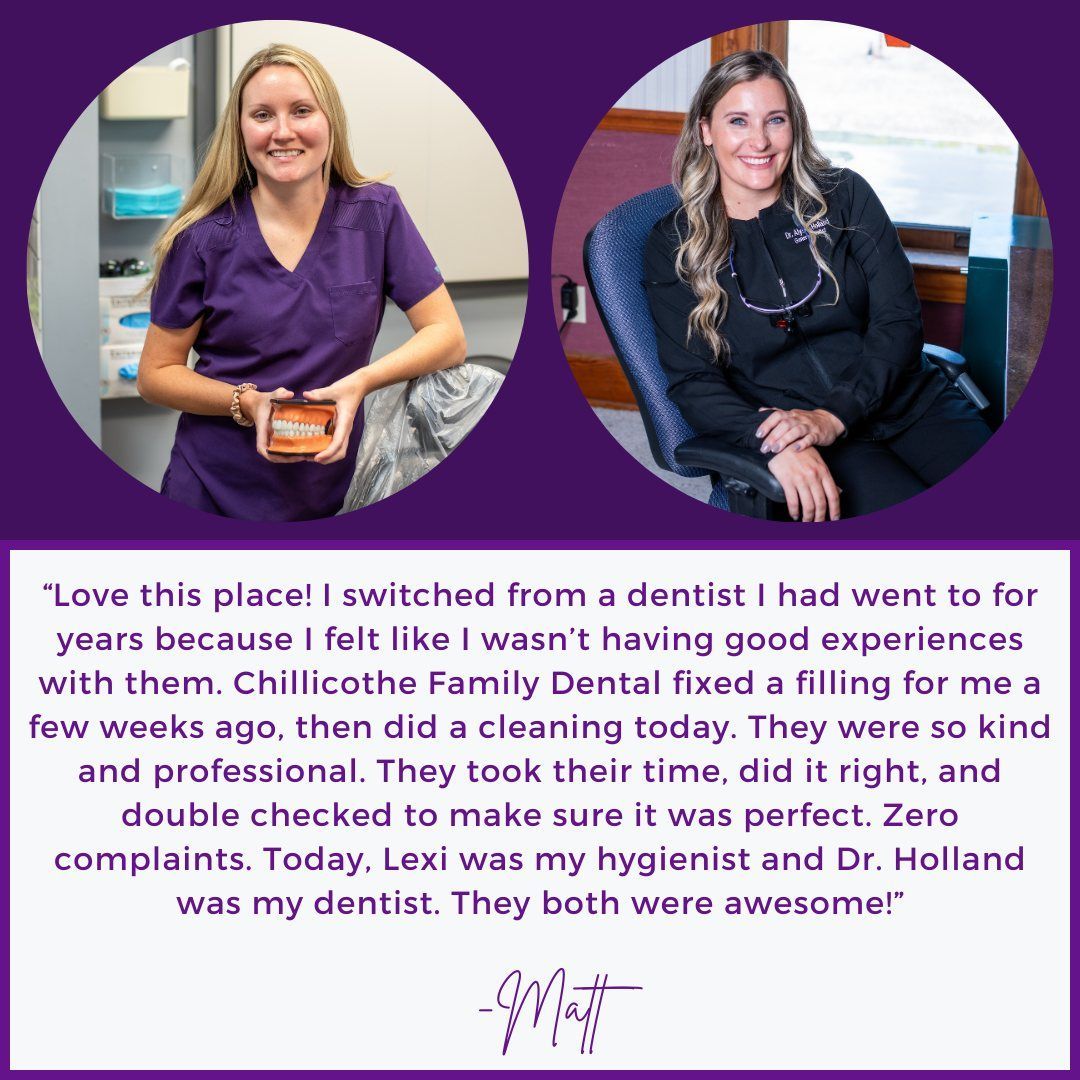 Two female dentists with a patient testimonial, purple background.
