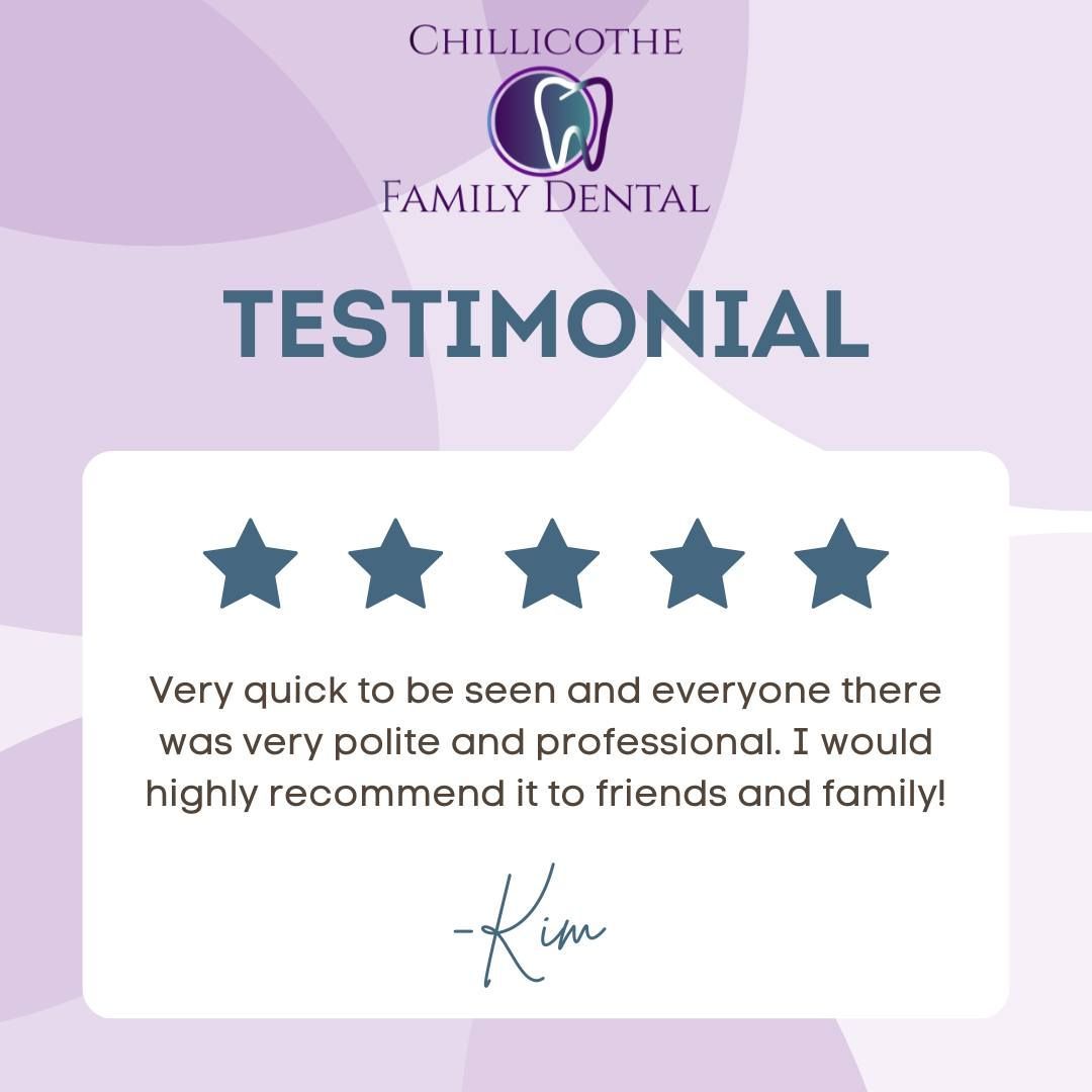 Testimonial for Chillicothe Family Dental: 5-star review, quote from Kim, purple background.