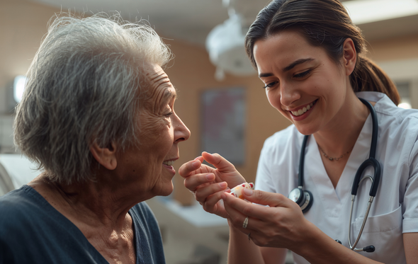 Nurse smiles while giving medication to an elderly person in a medical setting.