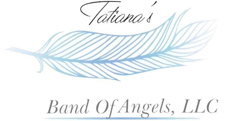 Tatiana's Band of Angels, LLC logo with a light blue feather and cursive font.