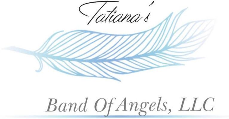 Tatiana's Band of Angels, LLC logo with a light blue feather and cursive font.