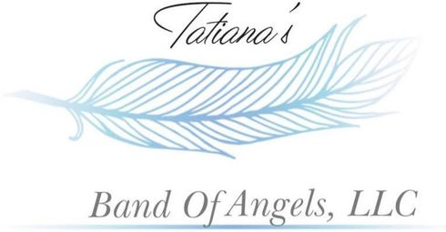 Tatiana's Band of Angels, LLC logo with a light blue feather and cursive font.