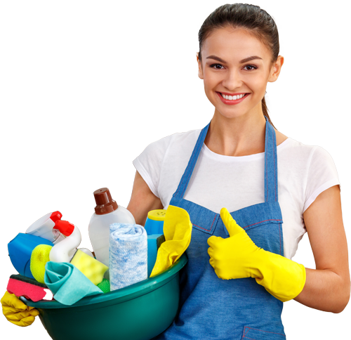 Woman in apron holding cleaning supplies, giving a thumbs up.