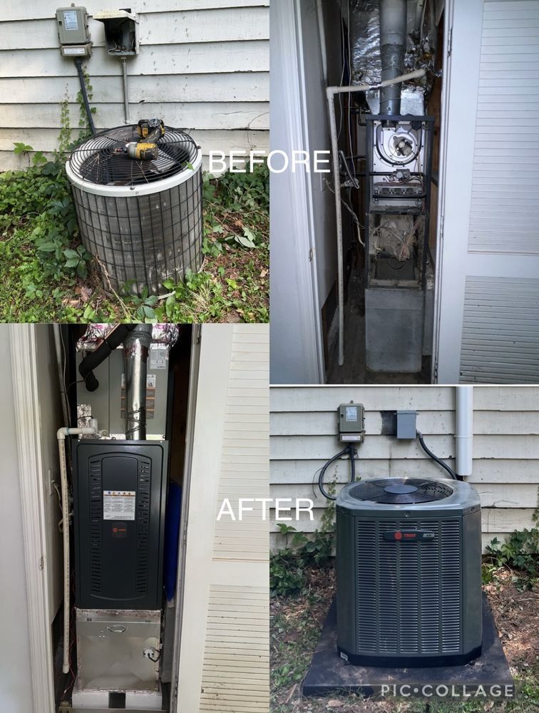 A before and after picture of an air conditioner on a house.