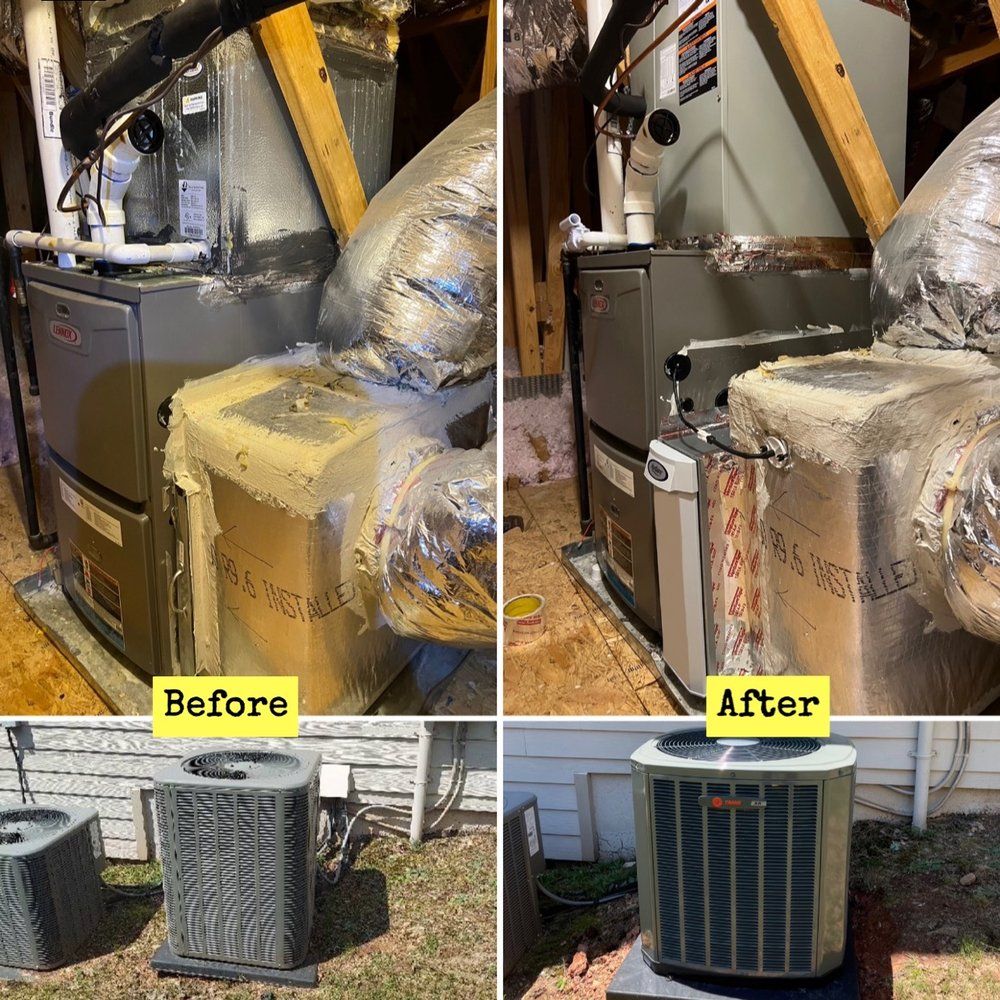 A before and after picture of an air conditioner in a basement.