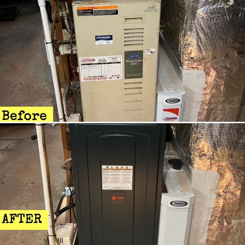 A before and after picture of an air conditioner in a basement.