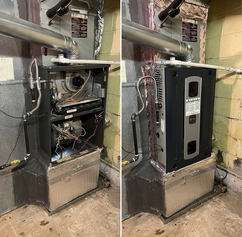 A before and after picture of a furnace in a basement.